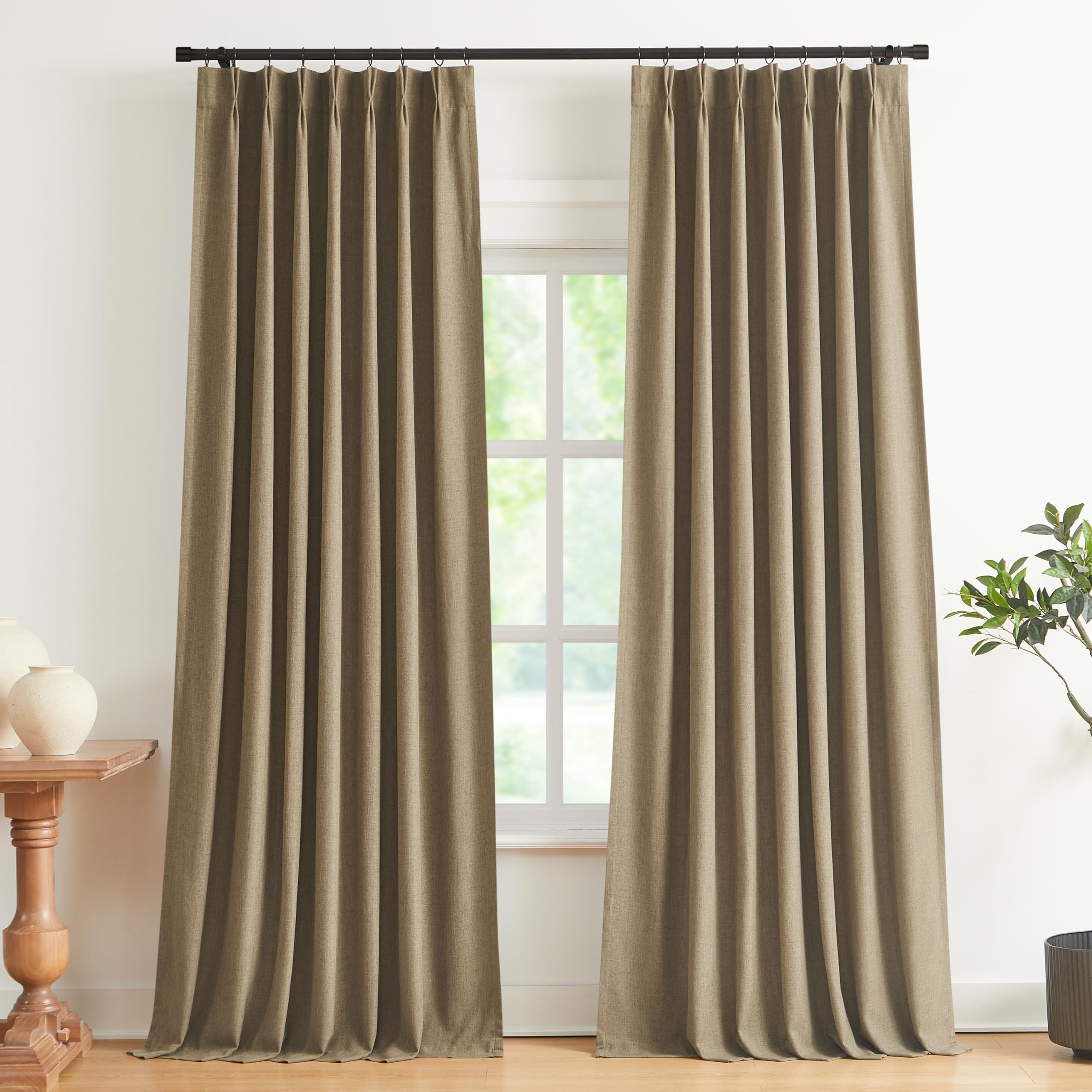 Vision Home Brown Pinch Pleated Full Blackout Curtains Linen Blended Room Darkening Window Curtains 95 Inch For Living Room Bedr