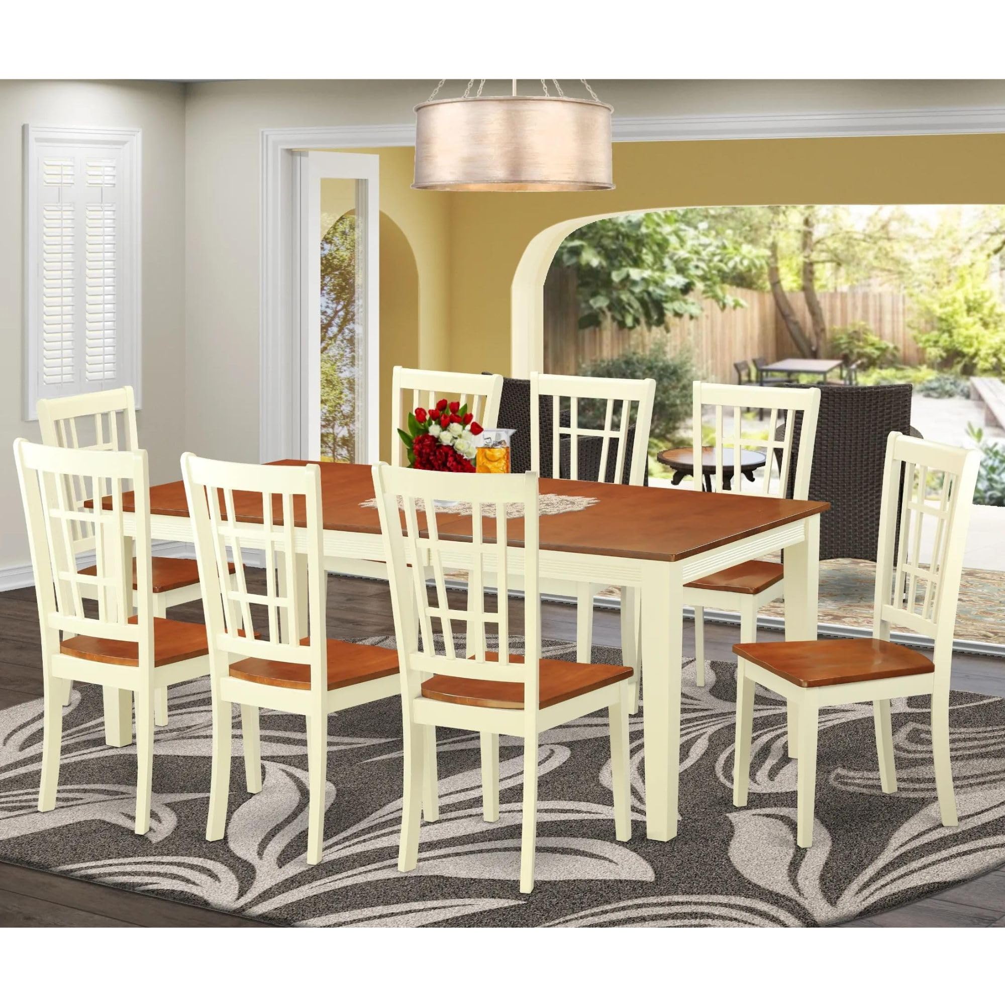 East West Furniture QUNI9-WHI-W 9 Piece Dining Set Includes a Rectangle Dining Table with Butterfly Leaf and 8 Kitchen Chairs, 40x78 Inch, Buttermilk & Cherry