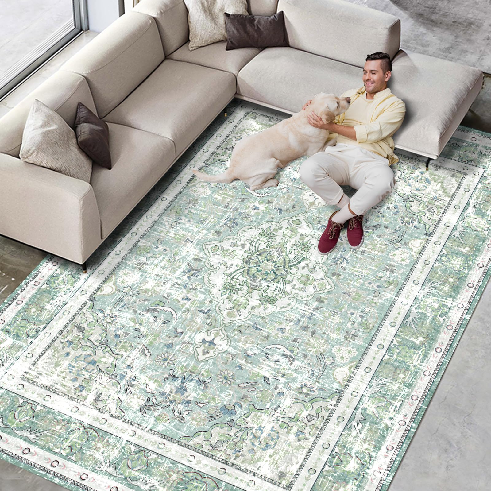 Vhong Boho Area Rugs Vintage Washable Modern Neutral Large Carpet Sage Green 8  10 High Traffic Rugs for Dinning Room Living Roo