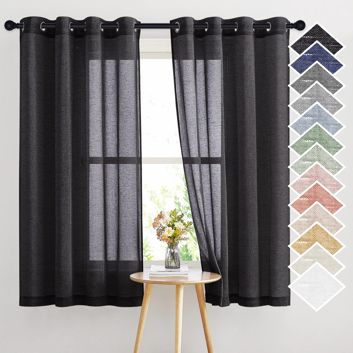 Nicetown Black Semitransparent Sheer Curtains For Windows, Grommet Linen Blend Flax Durable Sheer Window Drapes Privacy Light Re