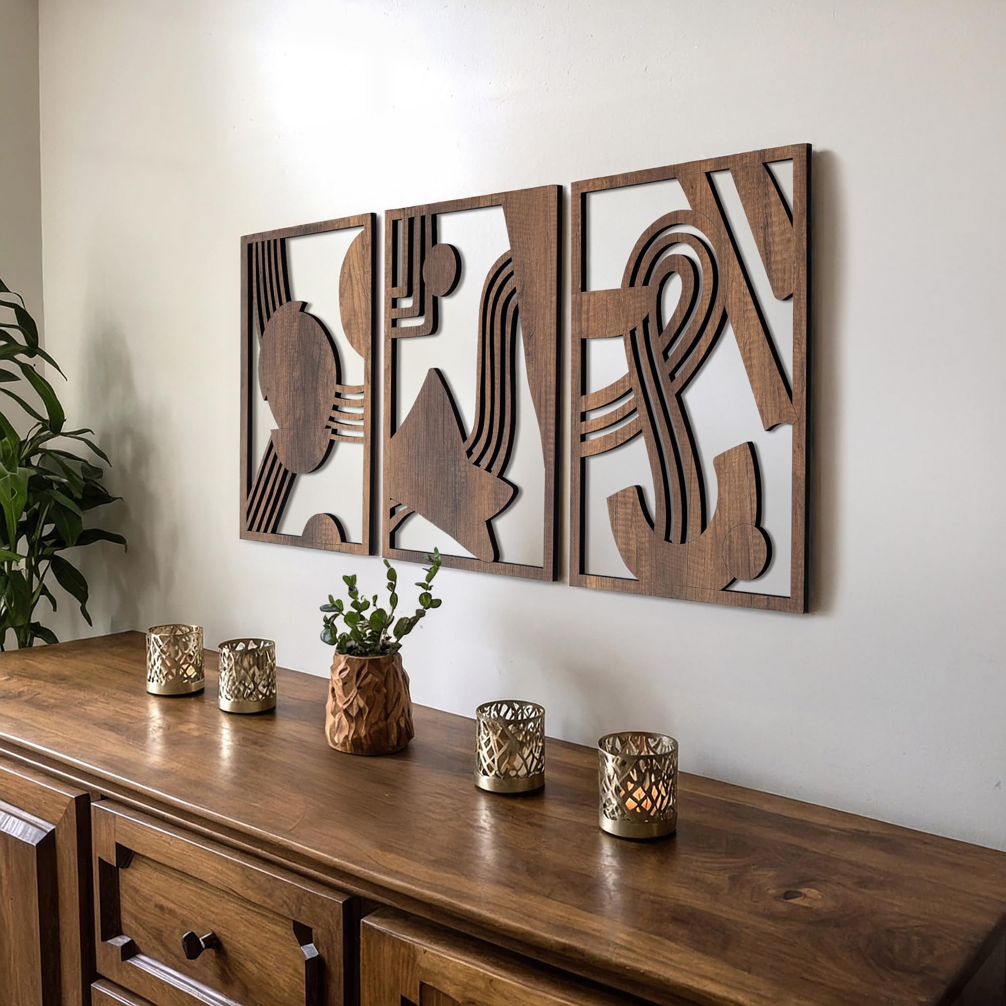 qmmp Modern Abstract Shapes Wall Sculptures - Set of 3 - Walnut - Home Decor Accent - Wall Art for Living Room, Bedroom, Office 