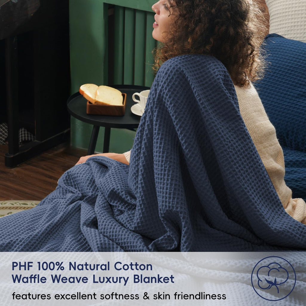 Phf 100% Cotton Waffle Weave Blanket Queen Size 90'X90'-Lightweight Cozy Washed Soft Breathable Throw - Perfect Layer For Couch Bed Sofa-Elegant Aesthetic Home Decoration Gift - Dark Navy