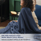 Phf 100% Cotton Waffle Weave Blanket Twin Size 66'X90'-Lightweight Washed Soft Breathable Blanket For All Season-Perfect Blanket Layer For Couch Bed Sofa -Elegant Home Decoration - Dark Navy