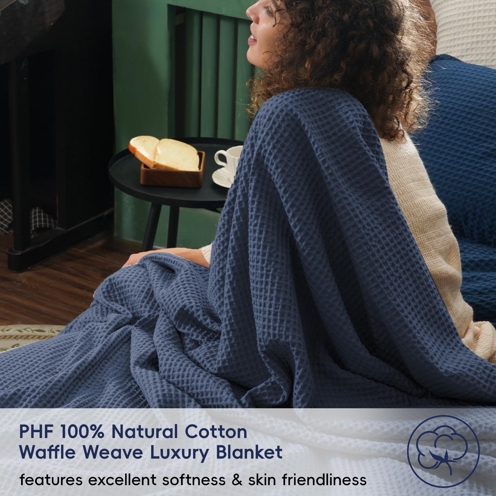 Phf 100% Cotton Waffle Weave Blanket Twin Size 66'X90'-Lightweight Washed Soft Breathable Blanket For All Season-Perfect Blanket Layer For Couch Bed Sofa -Elegant Home Decoration - Dark Navy