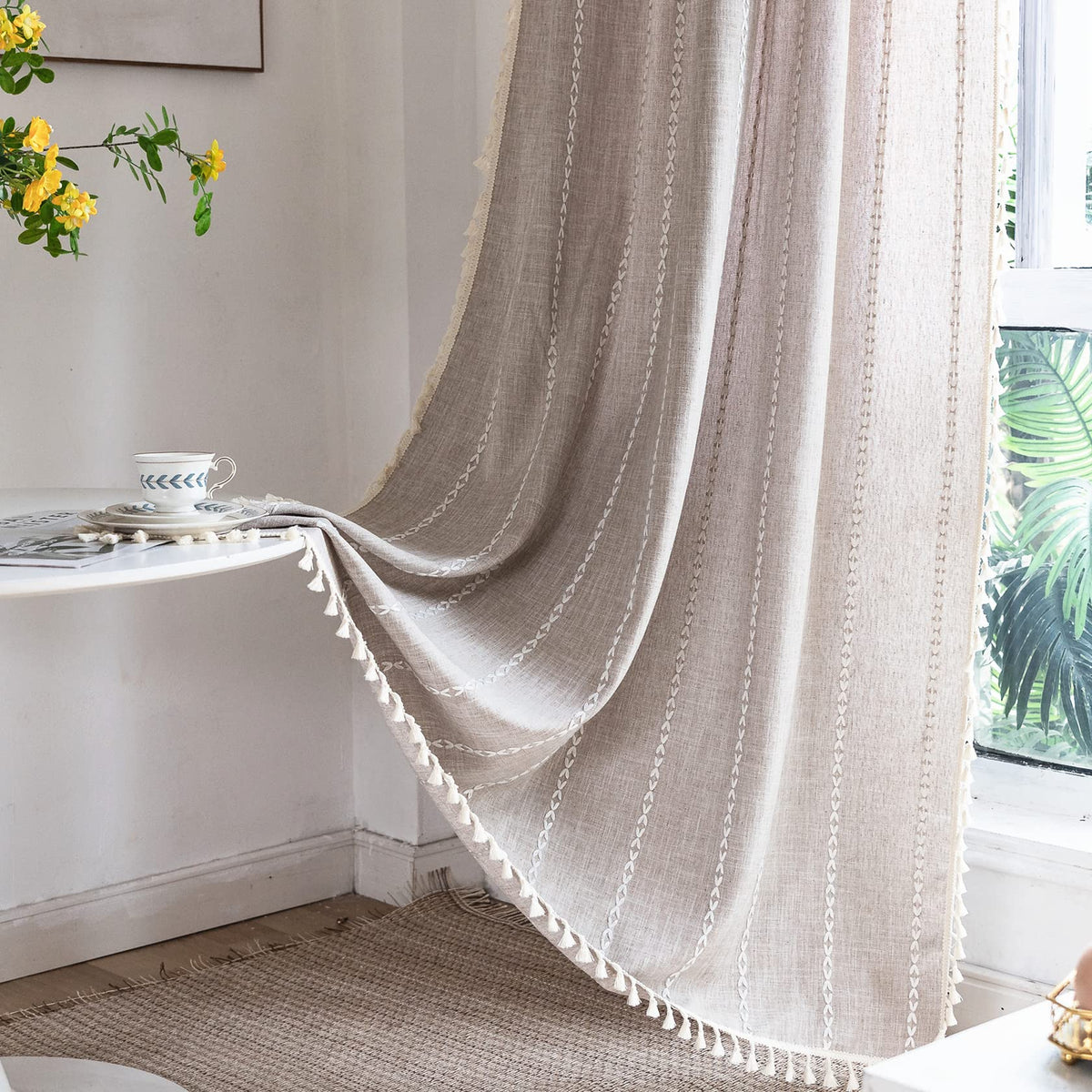 Deeprove Boho Curtain 84 Inches Length For Bedroom, Cotton Linen Weighted Taupe Stripes Embroidery, Semi Blackout Bohemian Retro