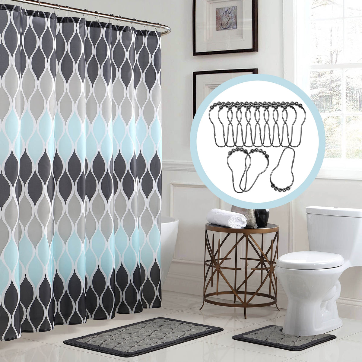 Creative Home Ideas Bath Fusion Shower Curtain Set, 72'X72', Clarisse Grey/Blue