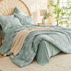 Muxhomo King Comforter Set 7 Pieces, Sage Green Elegant Floral Print Bed In A Bag King, Ultra Soft & Breathable Reversible Botan