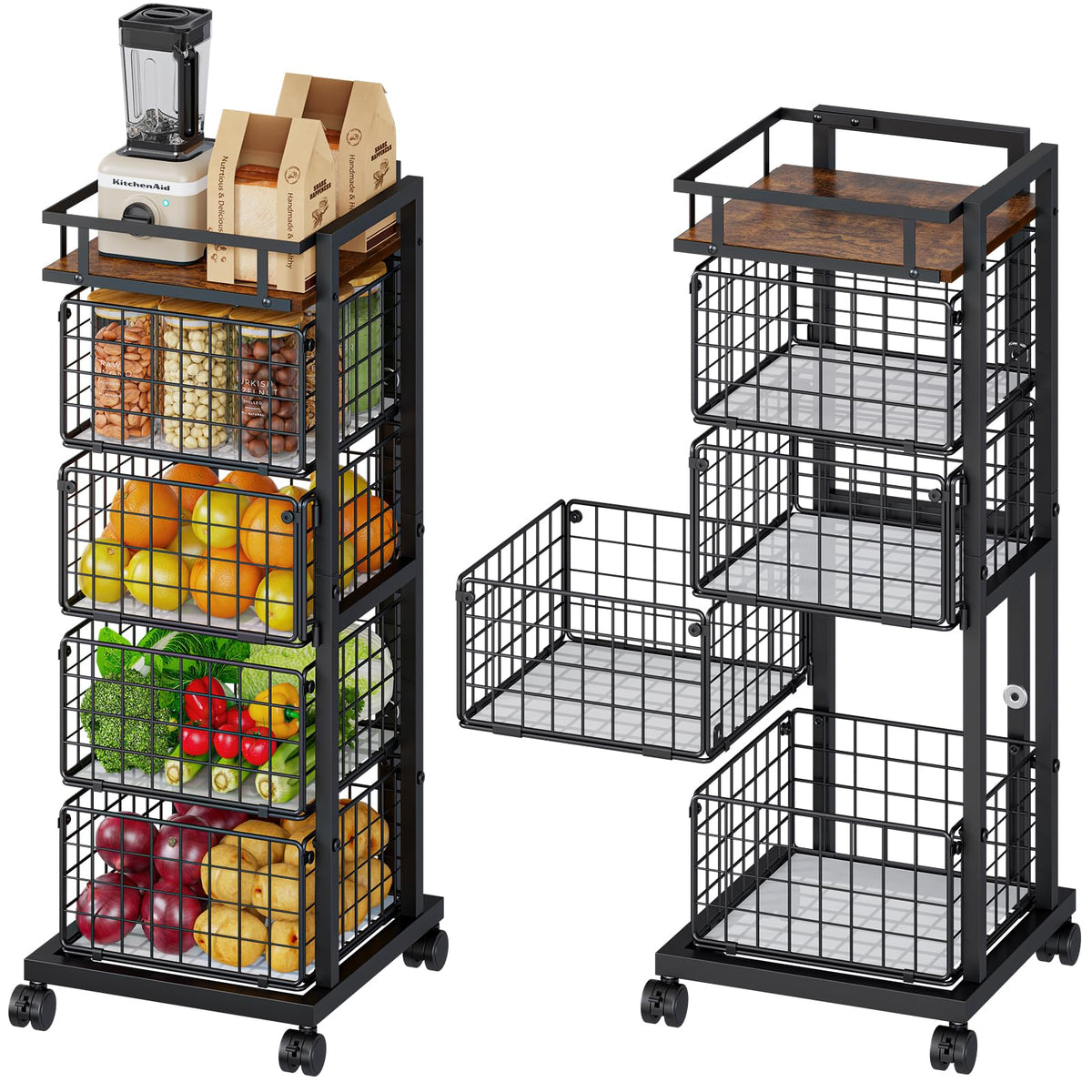 4Tier Kitchen Storage Cart, Rotating Fruit Vegetable Storage Cart, Rolling Kitchen Cart with Storage, Wire Basket Kitchen Organ