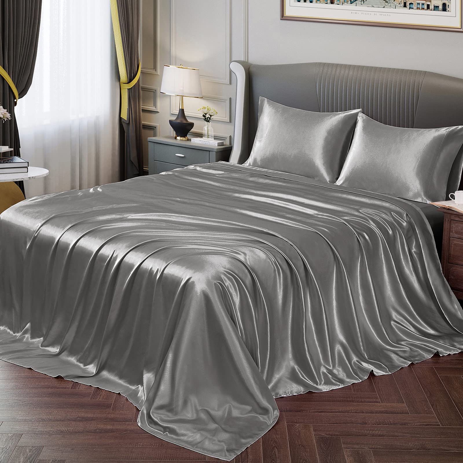 Vonty Satin Sheets Full Silky Soft Satin Bed Sheets Misty Gray Satin Sheet Set, 1 Deep Pocket Fitted Sheet + 1 Flat Sheet + 2 Pi