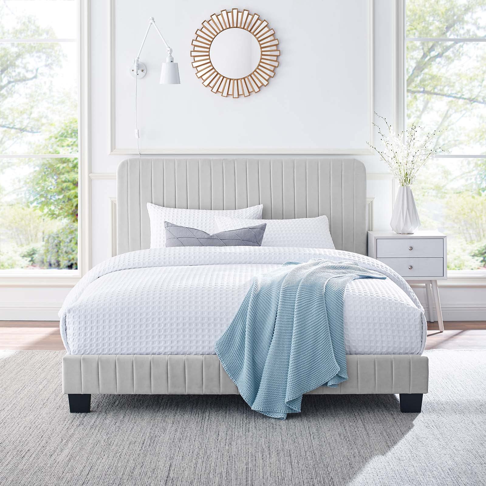 Modway Celine Channel Tufted Performance Velvet Full Platform Bed in Light Gray