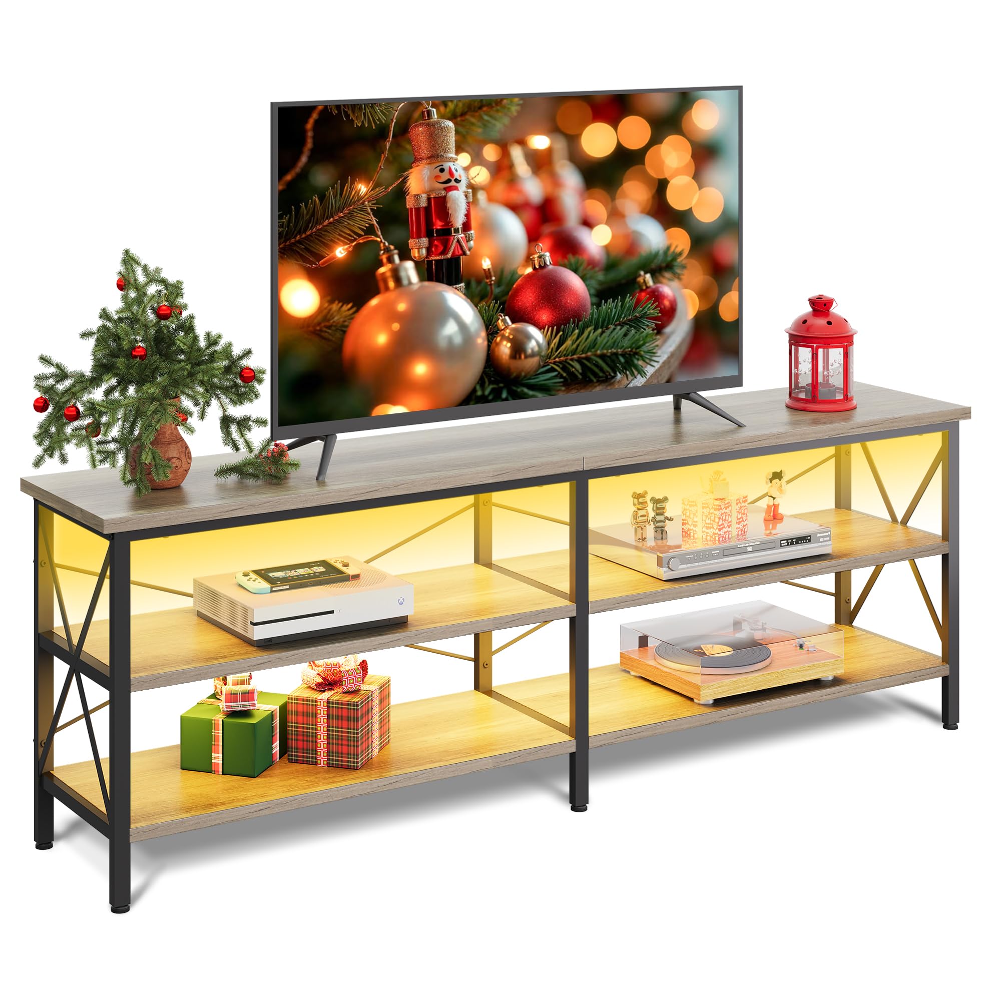 Wlive Tv Stand Up To 70 Inch Tv, 63' Entertainment Center With Led, Tv Media Console With 3-Tier Storage Shelves For Living Room And Bedroom, Greige