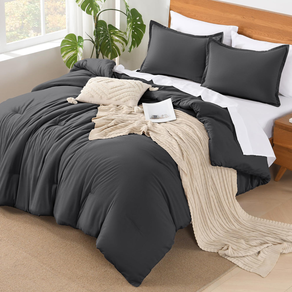 Andency Dark Grey California King Comforter Set - 7 Pieces Gray Cal King Bedding Comforter Sets, Summer Plain Soft Lightweight Comforter With Fitted Sheets, Flat Sheets, Pillowcases & Shams