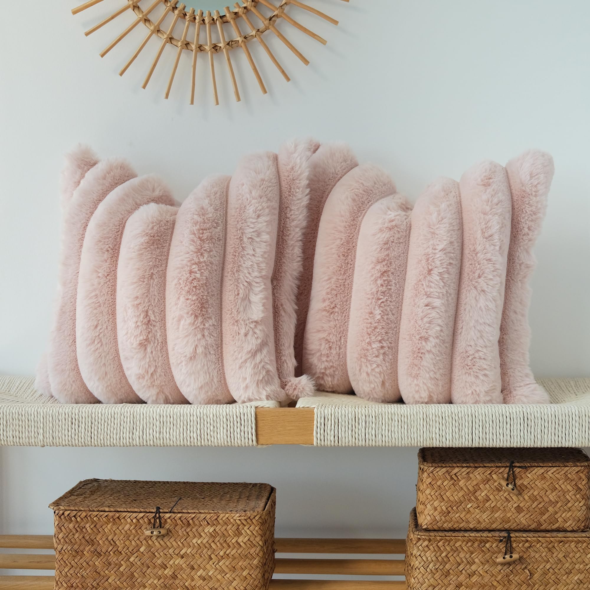 Jojusis Pack Of 2 Faux Fur Plush Decorative Throw Pillow Covers Couch Cushion Case Soft Fluffy Pillowcases Wide Stripe (Pink, 18