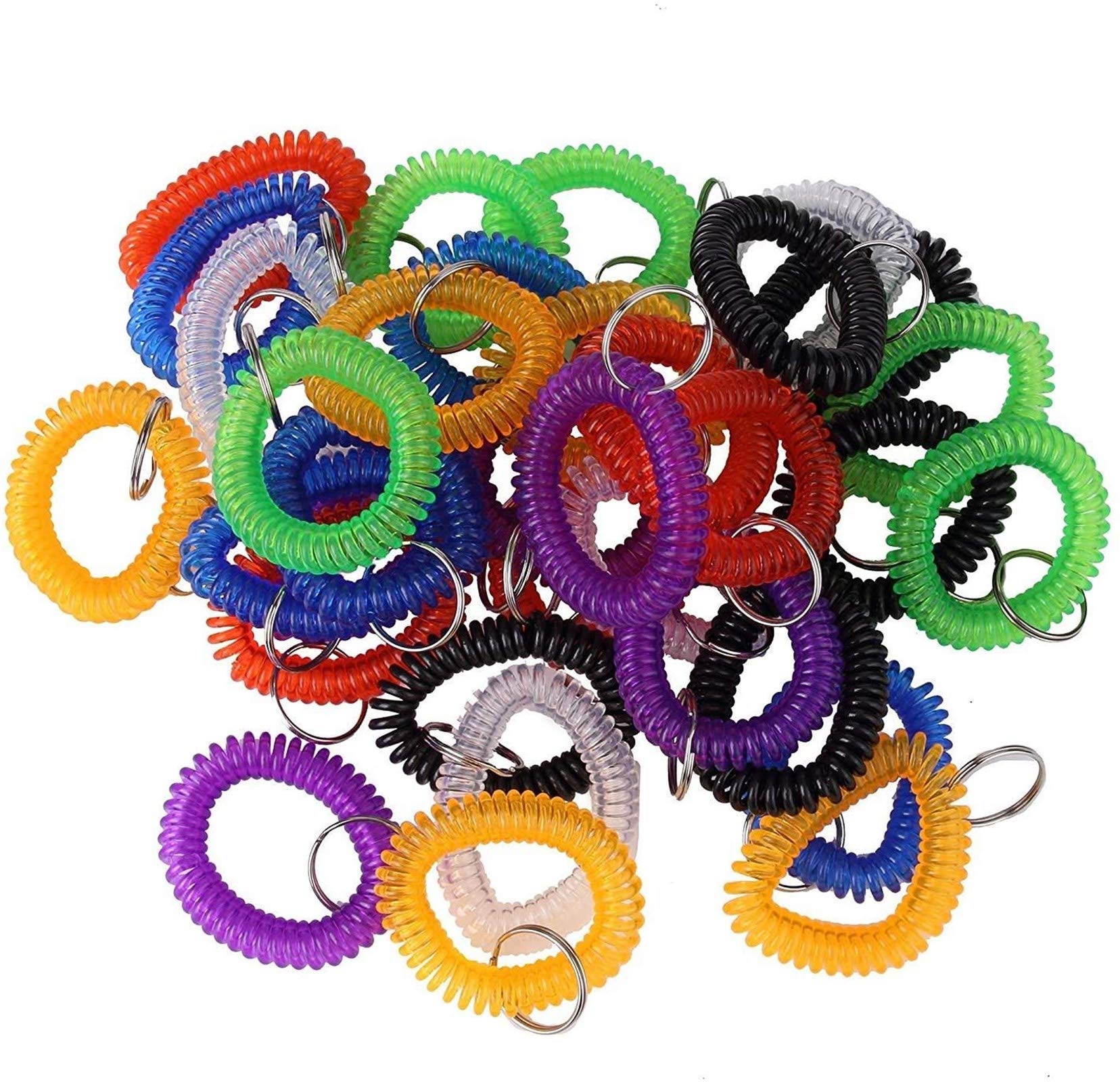 Pack Of 35 Assorted Color Stretchable Plastic Bracelet Wrist Coil Wrist Band Key Ring Chain Holder Tag (35Pcs-7 Mixed Color)