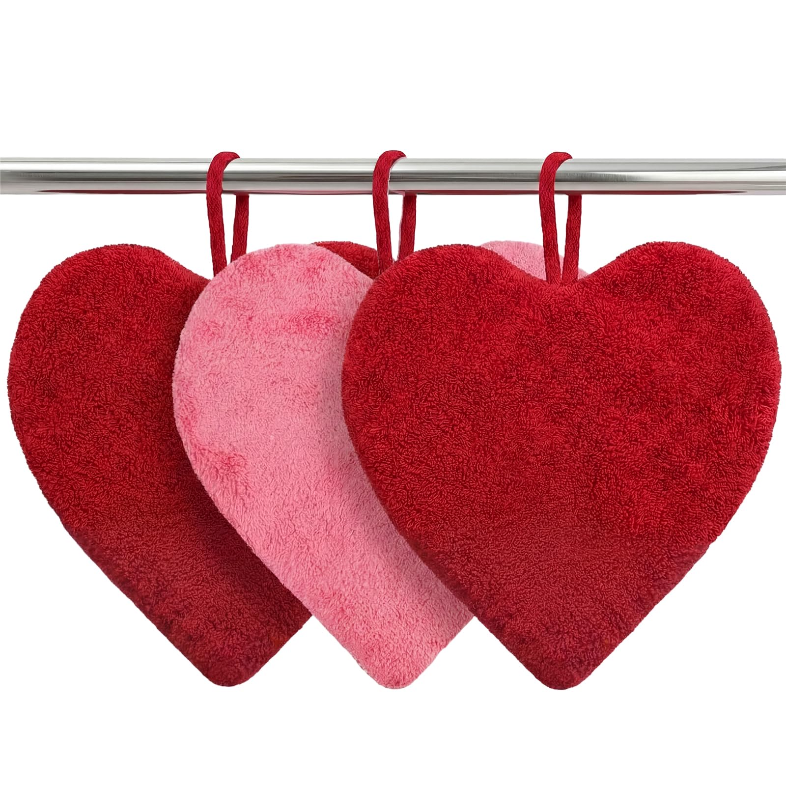 Breling 3 Pcs Valentines Heart Dish Hand Towels for Kitchen Red Pink Heart Bathroom Hand Towels Absorbent Soft Decorative Cloth 