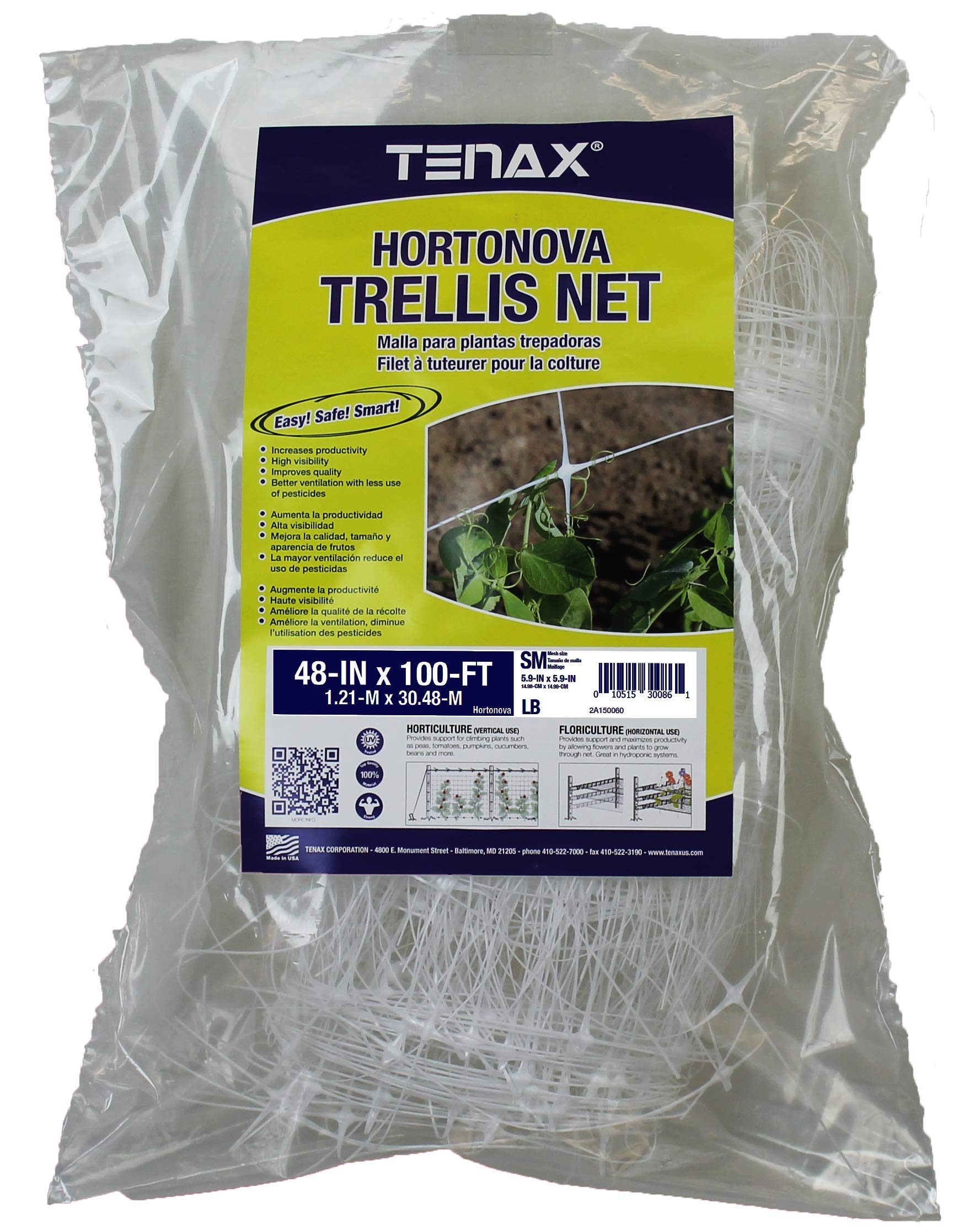 Tenax 100522968 084065 Hortonova Sm Plant Trellis Net, 4' X 100' White, 48' X 100'