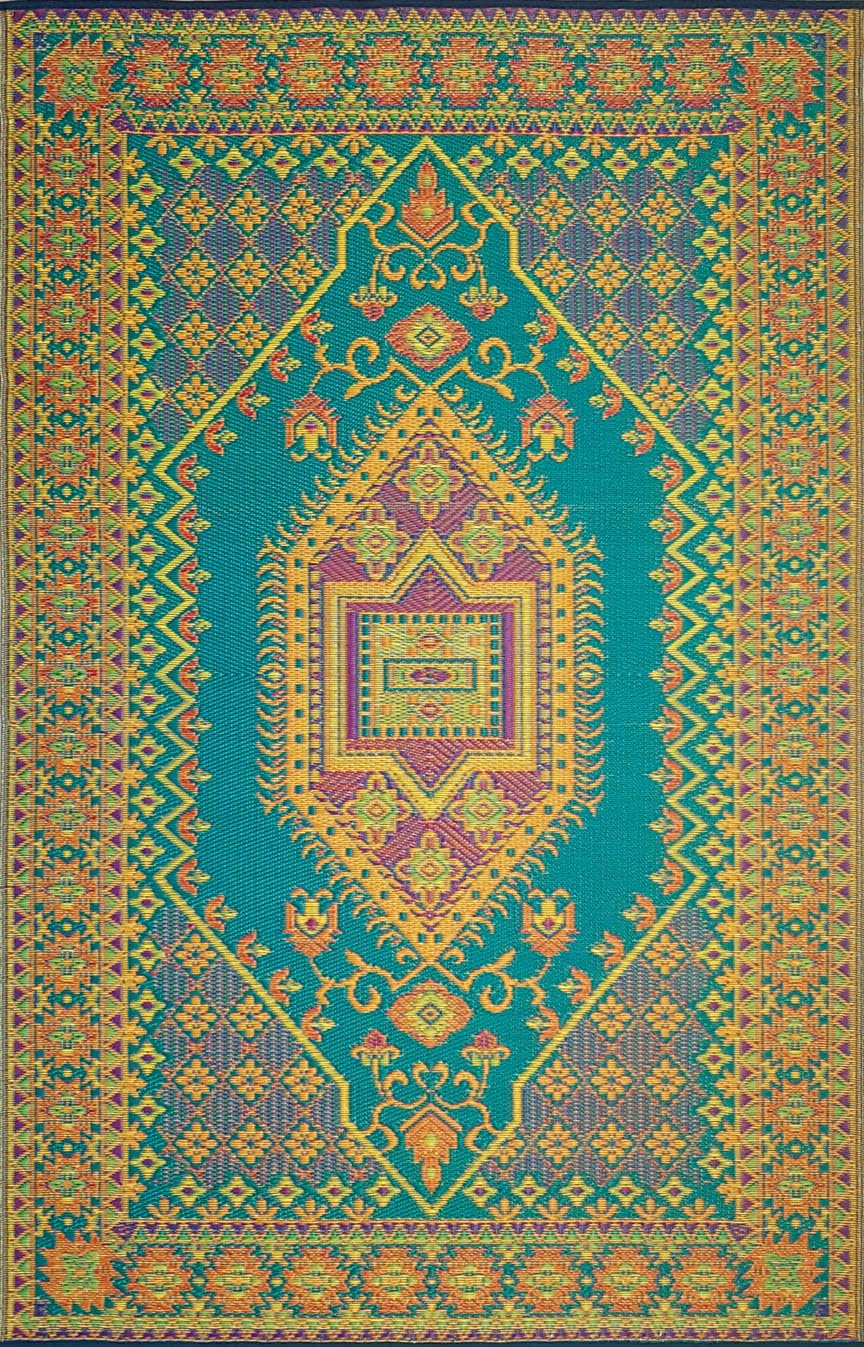 Mad Mats Traditional Outdoor Rug, Reversible Plastic Mat (5' X 8', Oriental Turkish - Aqua) For Patio, Porch, Poolside, Mudroom,
