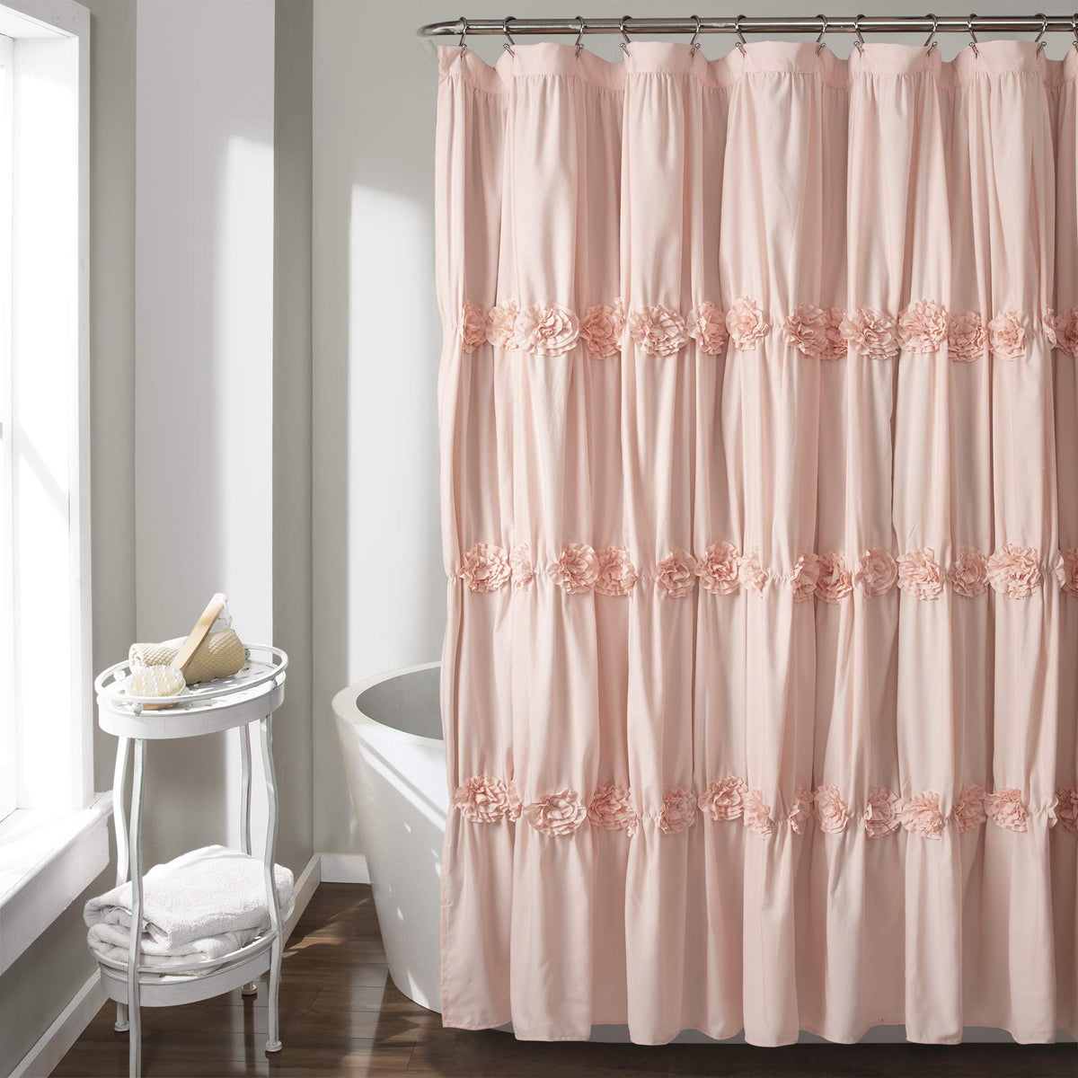 Lush Decor Darla Ruched Floral Bathroom Shower Curtain, 72    X 72   , Blush