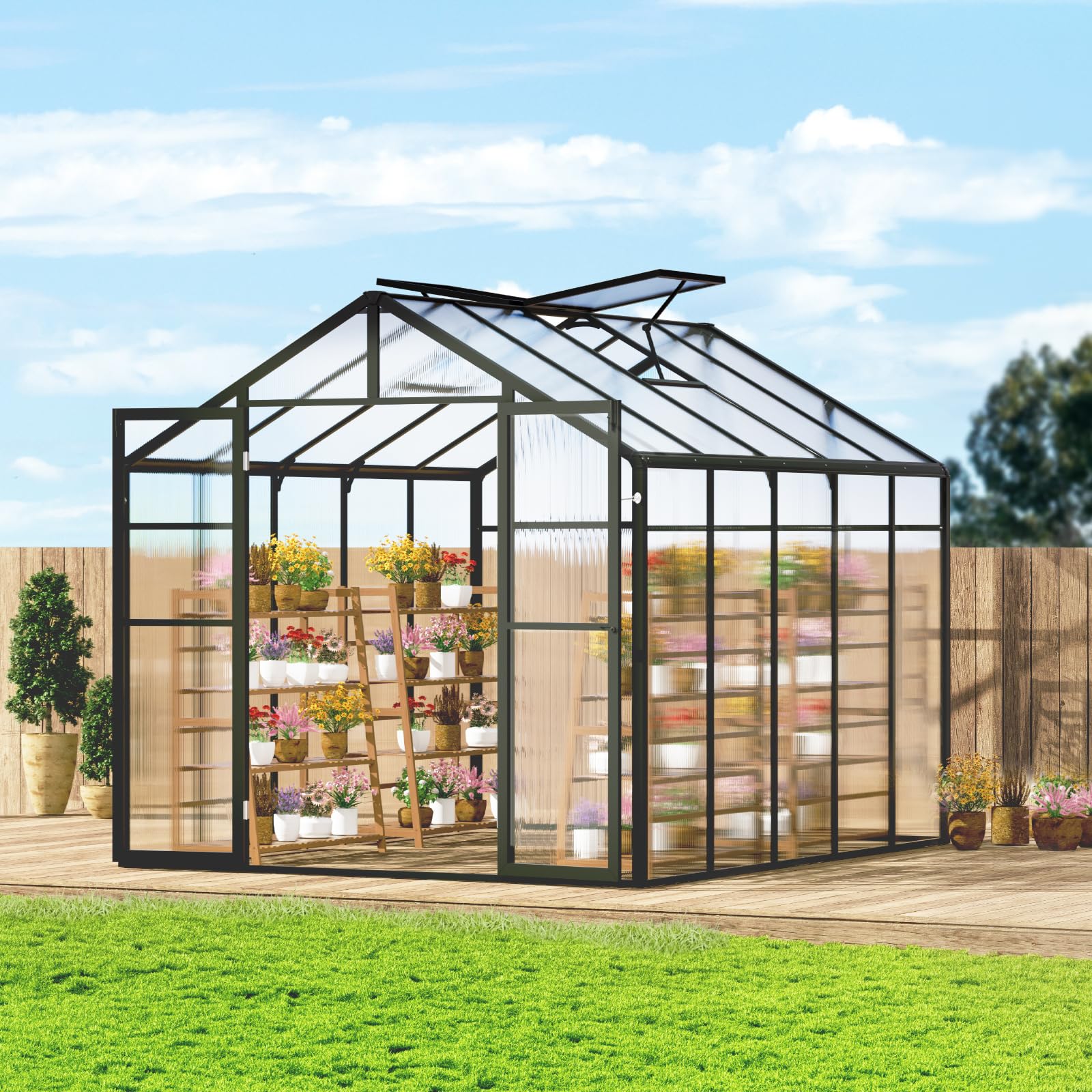 VEVOR Polycarbonate Garden Greenhouse, 8 x 10 Ft, with 2 Ventilation Windows, Hinged Door, Pavilion Style, Large Aluminium Green
