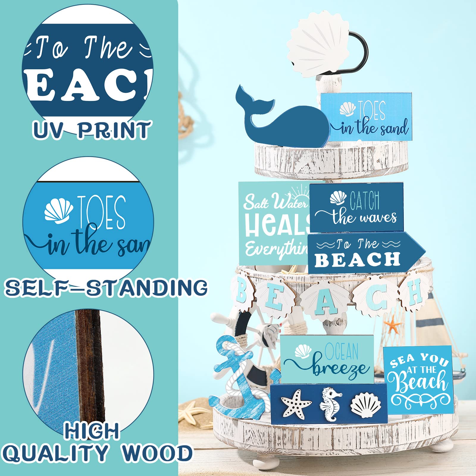 15 Pieces Summer Beach Tiered Tray Decor Set Farmhouse Ocean Wood Sign Rustic Beach Tiered Tray Decorations For Outdoor Kitchen