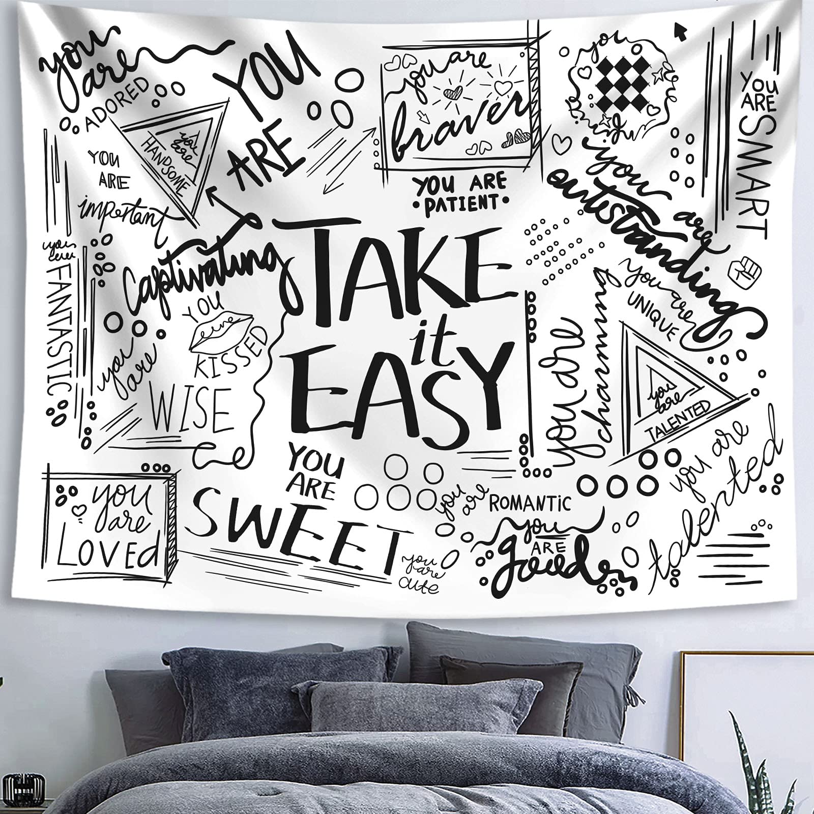 Fowocu Quote Take It Easy Tapestry Wall Hanging, Positive Letters Sayings White You Are Tapestries, Aesthetic Wall Tapestry For