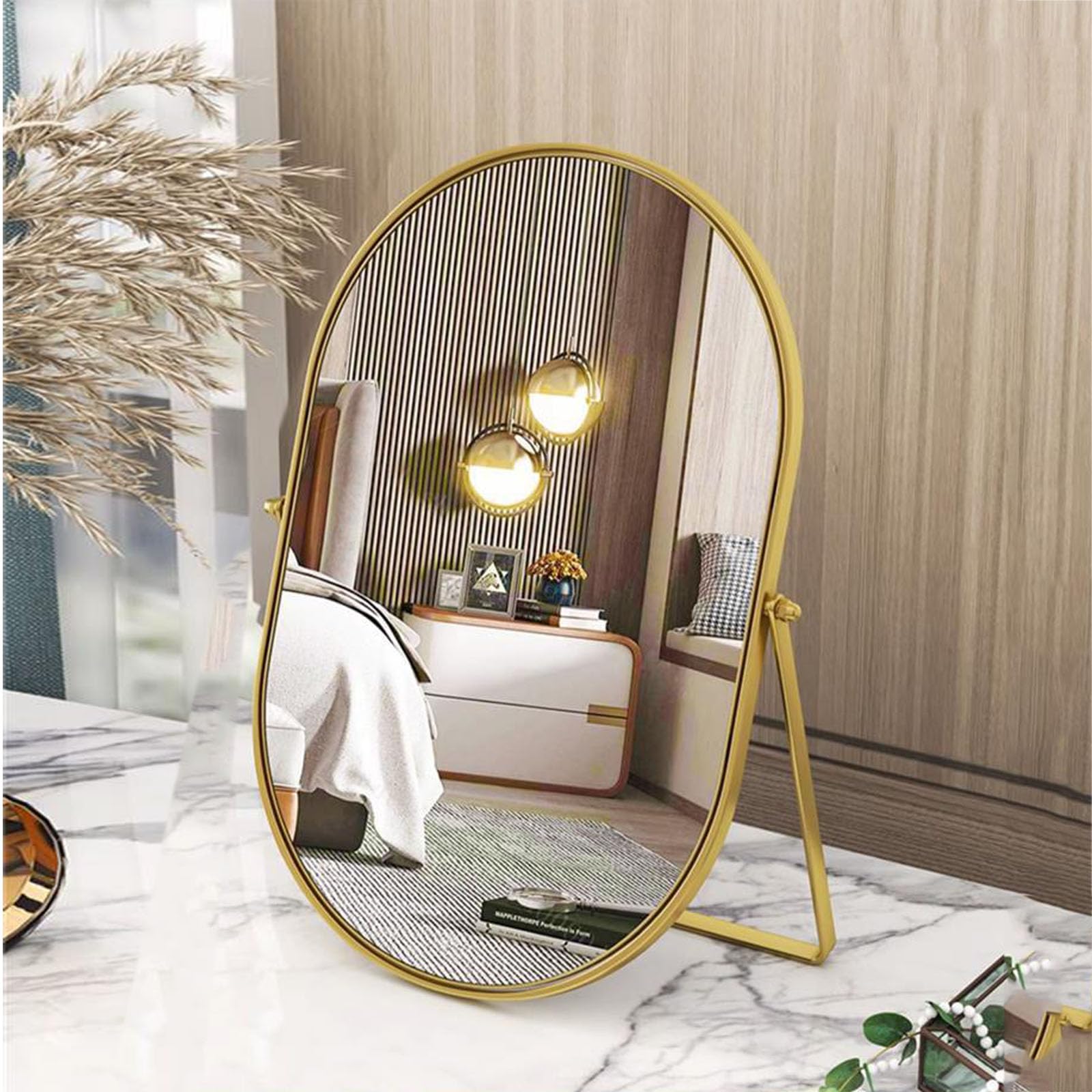 Numjeg Vanity Desk Table Mirror Oval Makeup Mirror 90Adjustable Rotation Golden Metal Framed Standing Mirrors Room Decor for Liv