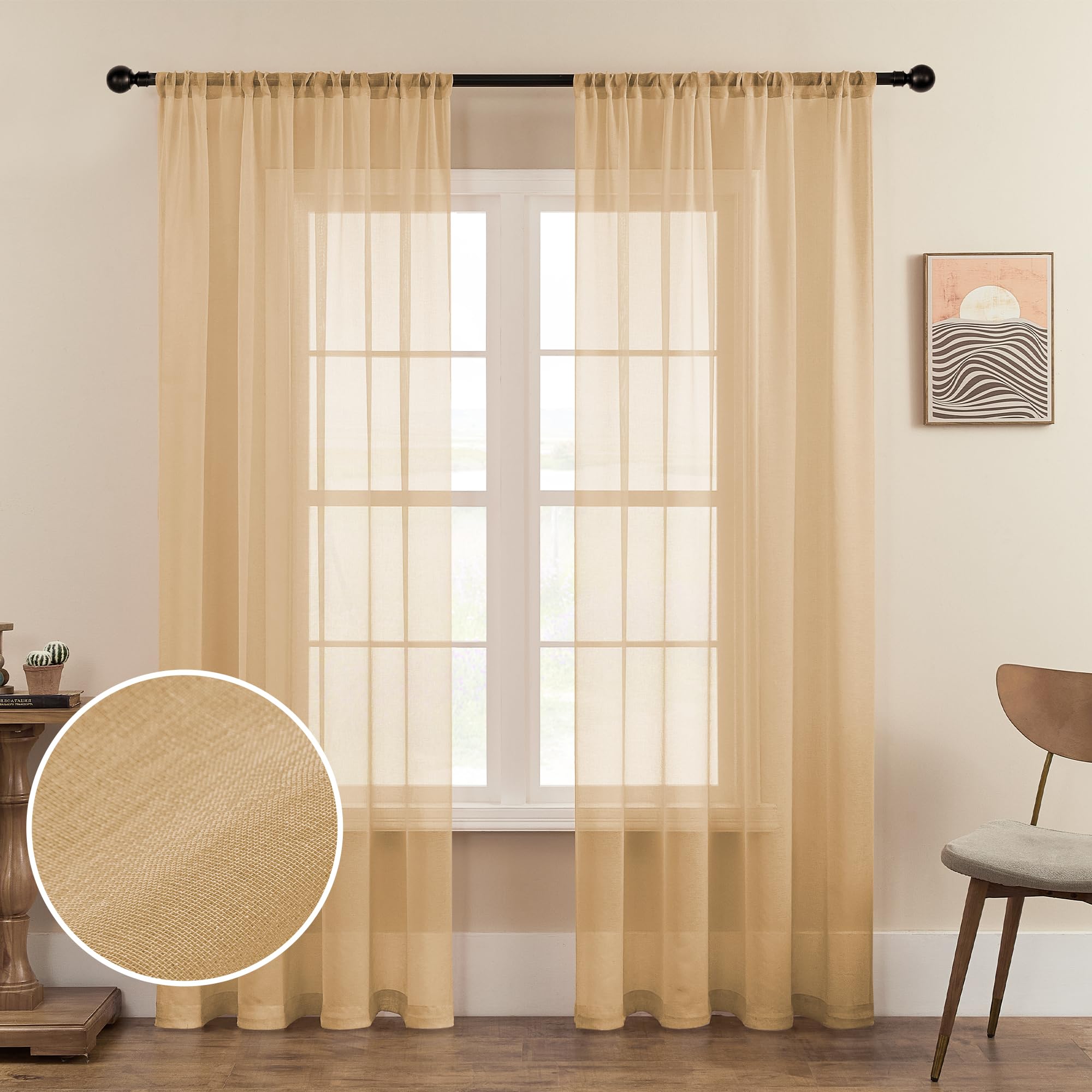 MRTREES Sheer Curtains 84 inch Length Living Room Bedroom Curtain Panels Rod Pocket Transparent Voile Sheer Beige Window Treatme