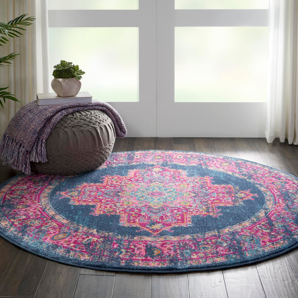 Nourison Passion Blue 4' X Round Area--Rug, Boho, Traditional, Easy--Cleaning, Non Shedding, Bed Room, Living Room, Hallway, (4'