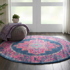 Nourison Passion Blue 4' X Round Area--Rug, Boho, Traditional, Easy--Cleaning, Non Shedding, Bed Room, Living Room, Hallway, (4'
