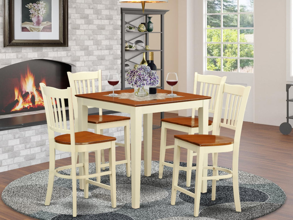East West Furniture VNGR5-WHI-W 5 Piece Counter Height Dining Table Set Includes a Square Kitchen Table and 4 Dining Chairs, 36x36 Inch, Buttermilk & Cherry