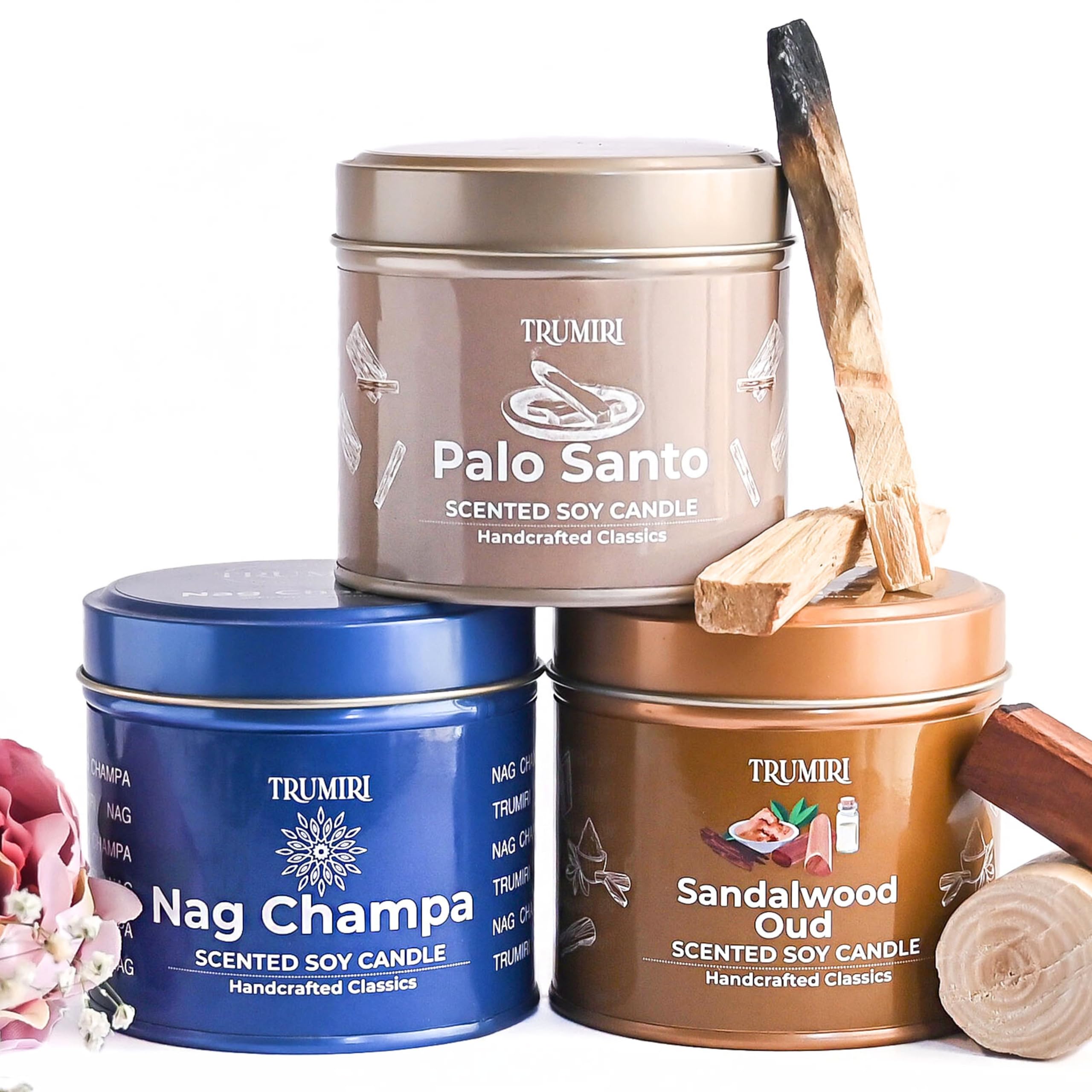 Palo Santo, Nag Champa, Sandalwood Oud - Soy Candles Non Toxic - Highly Scented Long Lasting with Essential Oils - Variety Pack 