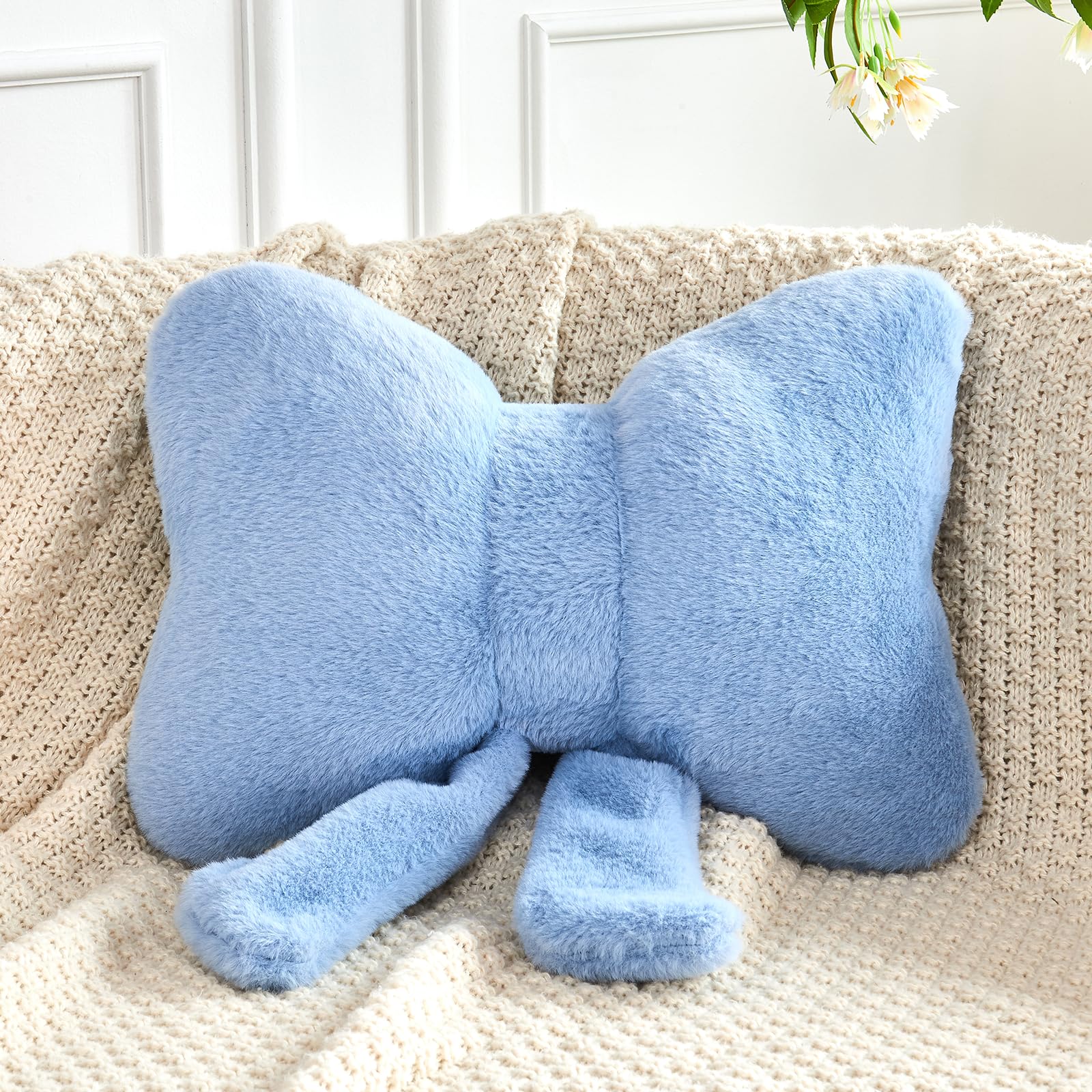 Xvtru Dusty Blue Bow Pillow, Soft Bow Decorative Pillows With Faux Rabbit Fur, Cute 16' Bow Throw Pillows, Aesthetic Home Decor