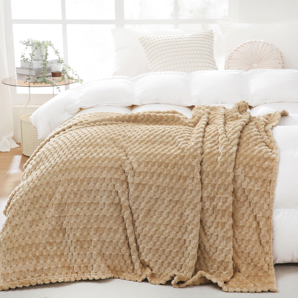 Puncuntex Beige Throw Blanket 90''  90'' Inches Fuzzy 3D Jacquard Decorative Flannel Fleece Super Soft Plush Cozy Blanket For Co