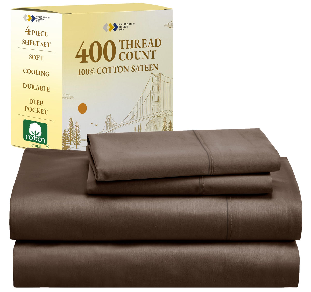California Design Den Brown Full Size Sheet Set, 400 Thread Count 100% Cotton Sateen, Soft & Breathable, Cooling Brown Sheet Set
