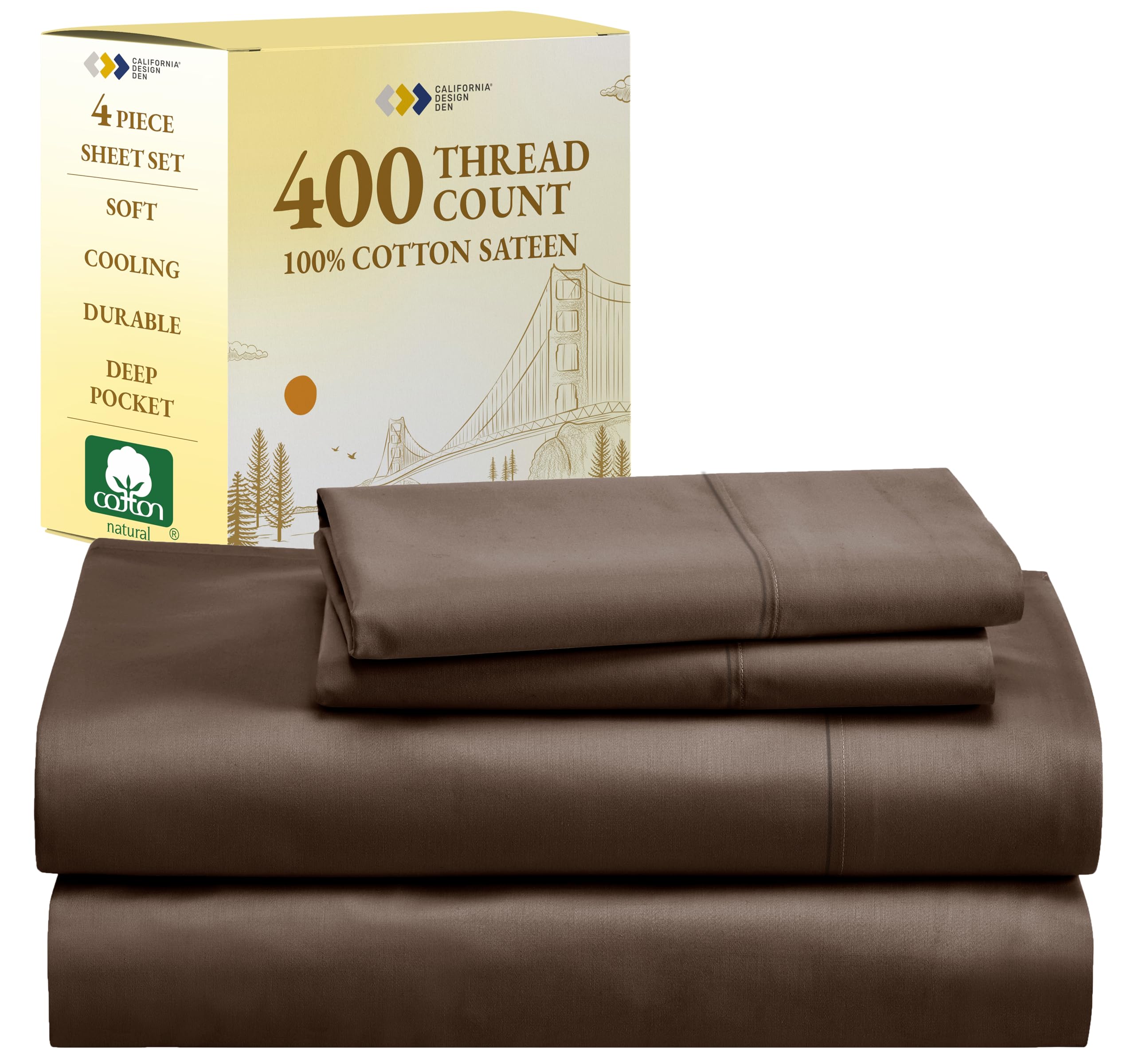 California Design Den 100% Cotton King Size Sheets Set, 400 Thread Count Sheets Sateen, Soft & Breathable, Cooling Deep Pocket B