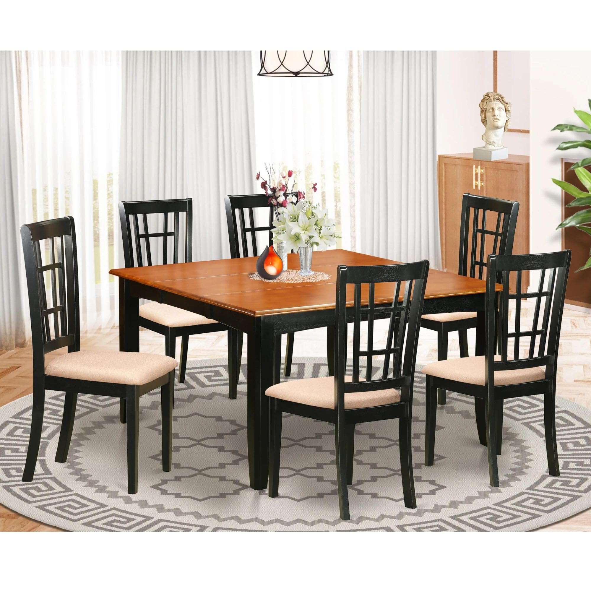 East West Furniture PFNI7-BCH-C 7 Piece Modern Dining Table Set Consist of a Square Wooden Table with Butterfly Leaf and 6 Linen Fabric Upholstered Dining Chairs, 54x54 Inch, Black & Cherry