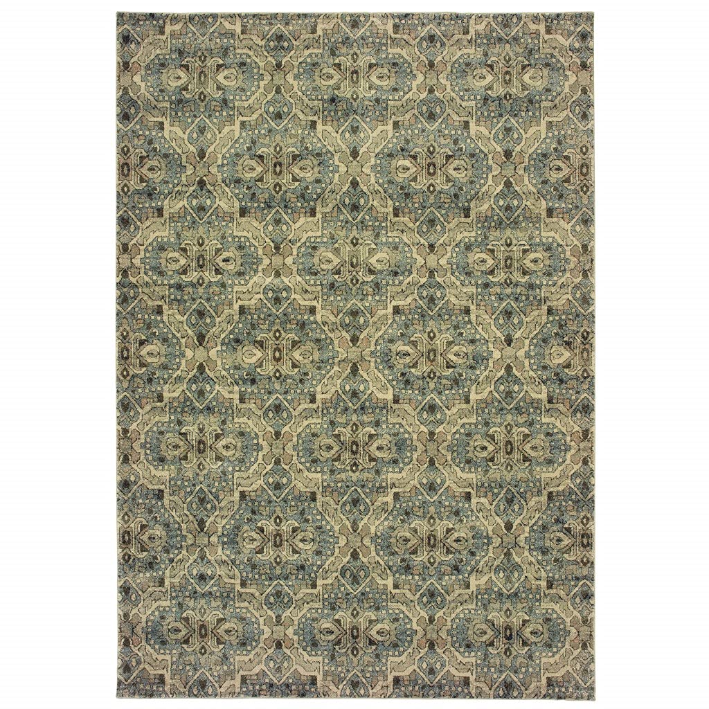 HomeRoots Polypropylene 5’x8’ Ivory and Blue Geometric Area Rug