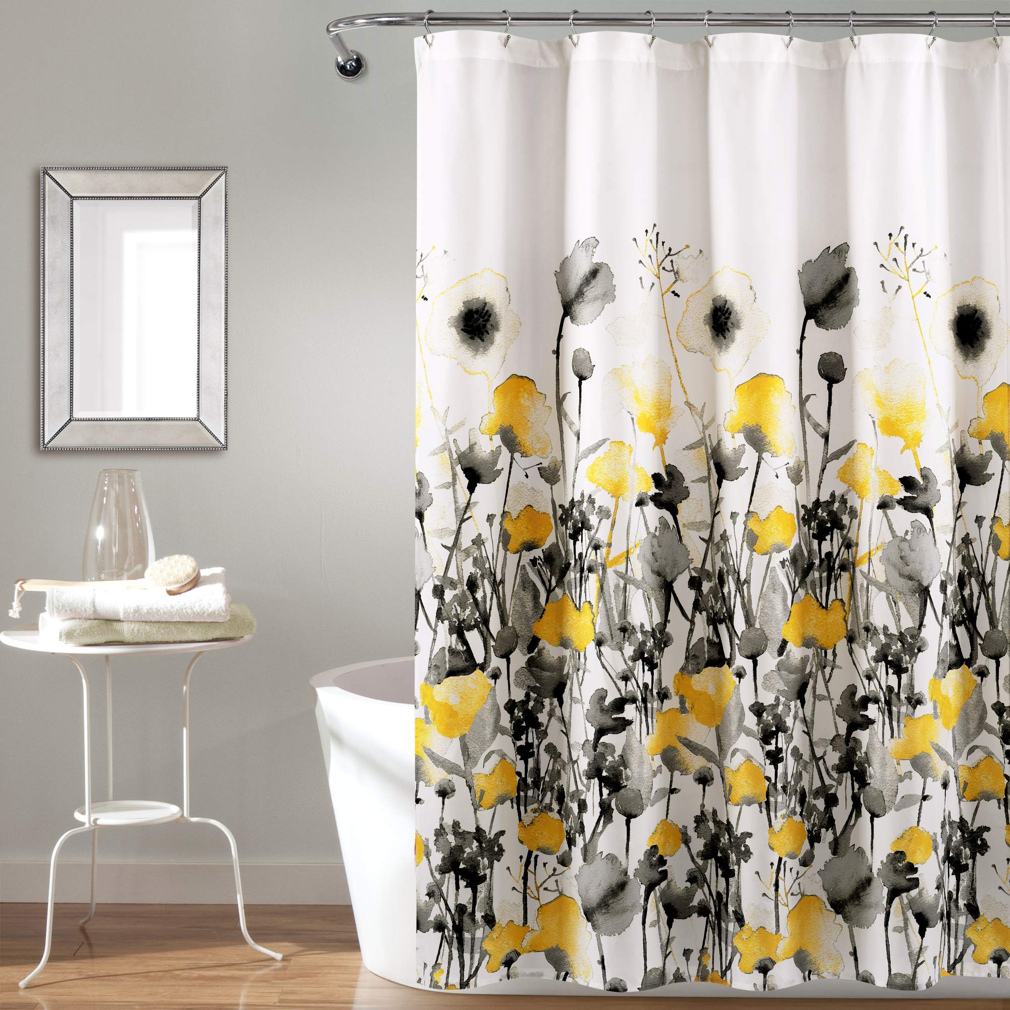 Lush Decor, Yellow And Gray Zuri Flora Shower Curtain-Fabric Watercolor Floral Print Design, 72' X 72', 72' X 72