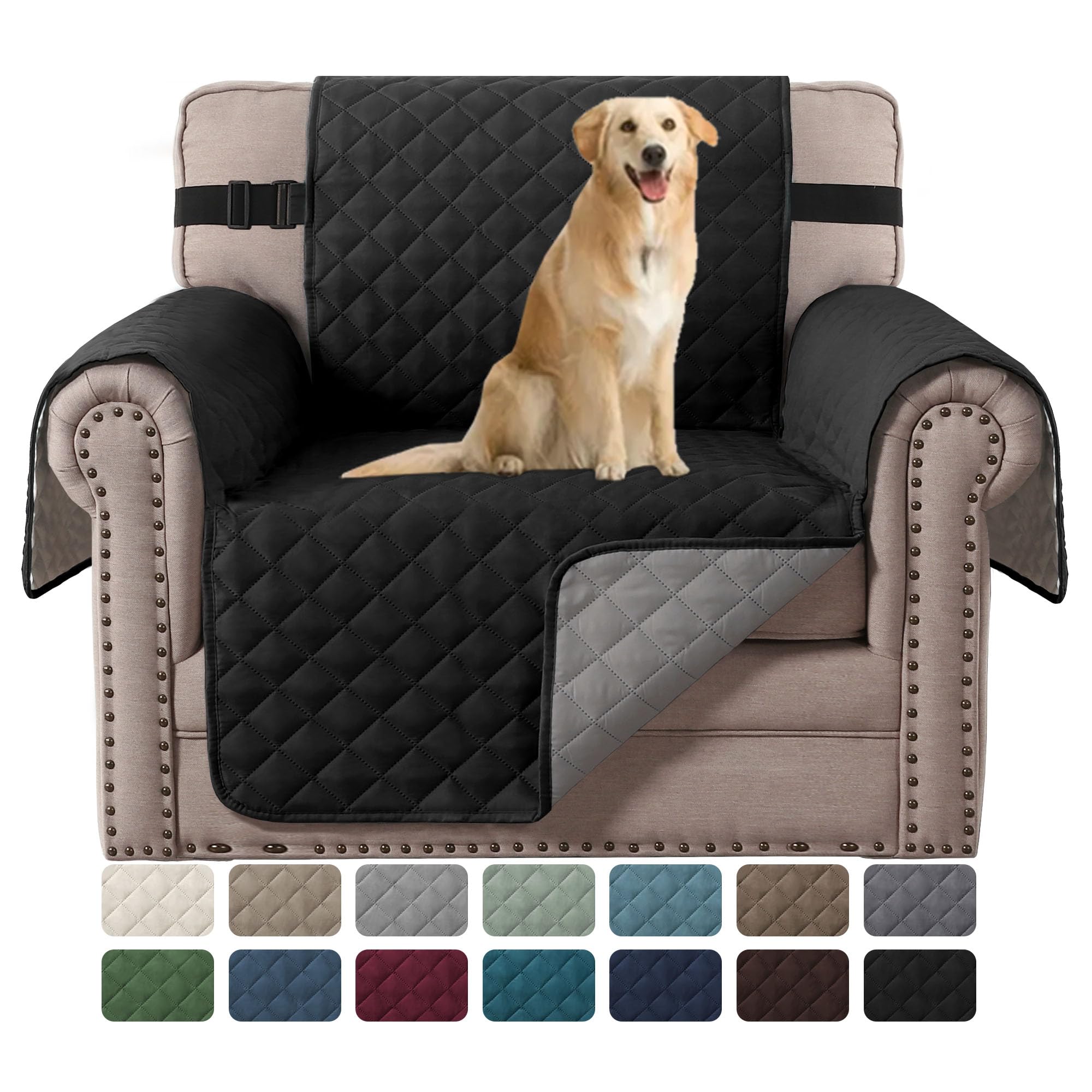 H.Versailtex Reversible Chair Cover For Dogs Pet Water Repellent Sofa Cover Chair Slipcover 2' Thick Straps Slip-Resistant Chair Protector Soft Quilted Seat Width Up To 21'(Armchair, Black/Grey)
