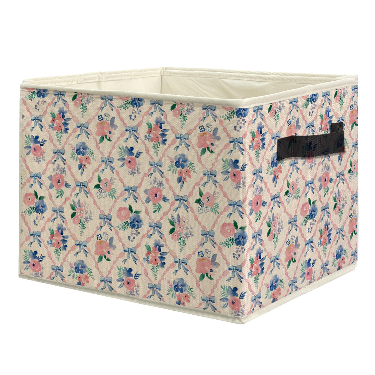 uinwk Grandmillennial Pink Rose Floral Storage Bins, Preppy Coquette Pink and Blue Bow Collapsible Storage Box Laundry Basket wi