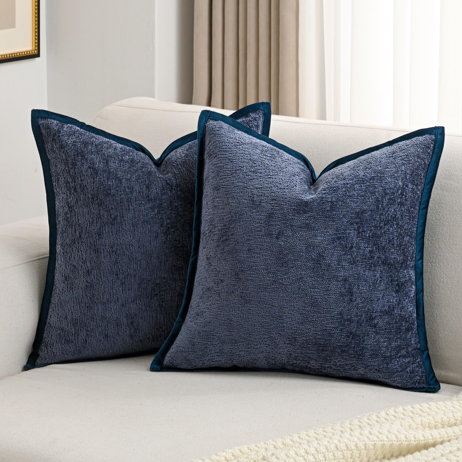 Futei Navy Blue Chenille Throw Pillow Covers 16X16 Inch Set Of 2,Soft Velvet Cushion Case,Home Decor For Couch Bed Living Room