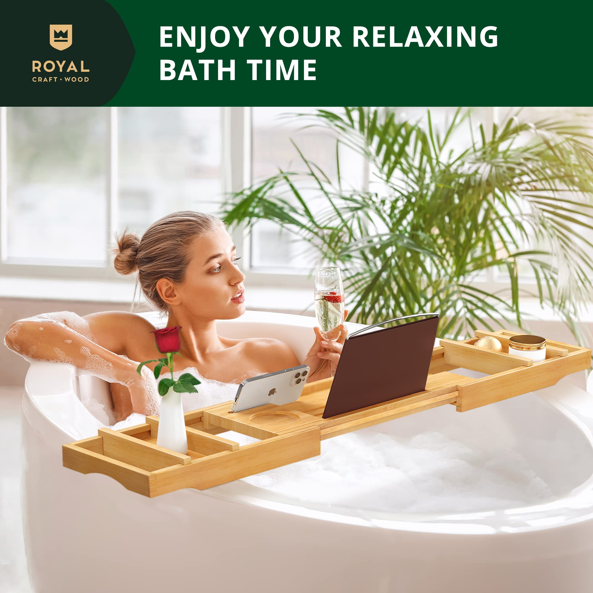 Royal Craft Wood Premium Bathtub Tray - Expandable Bath Tray For Tub - Unique House Warming Bath Tub Tray Wood - Luxury Bathtub