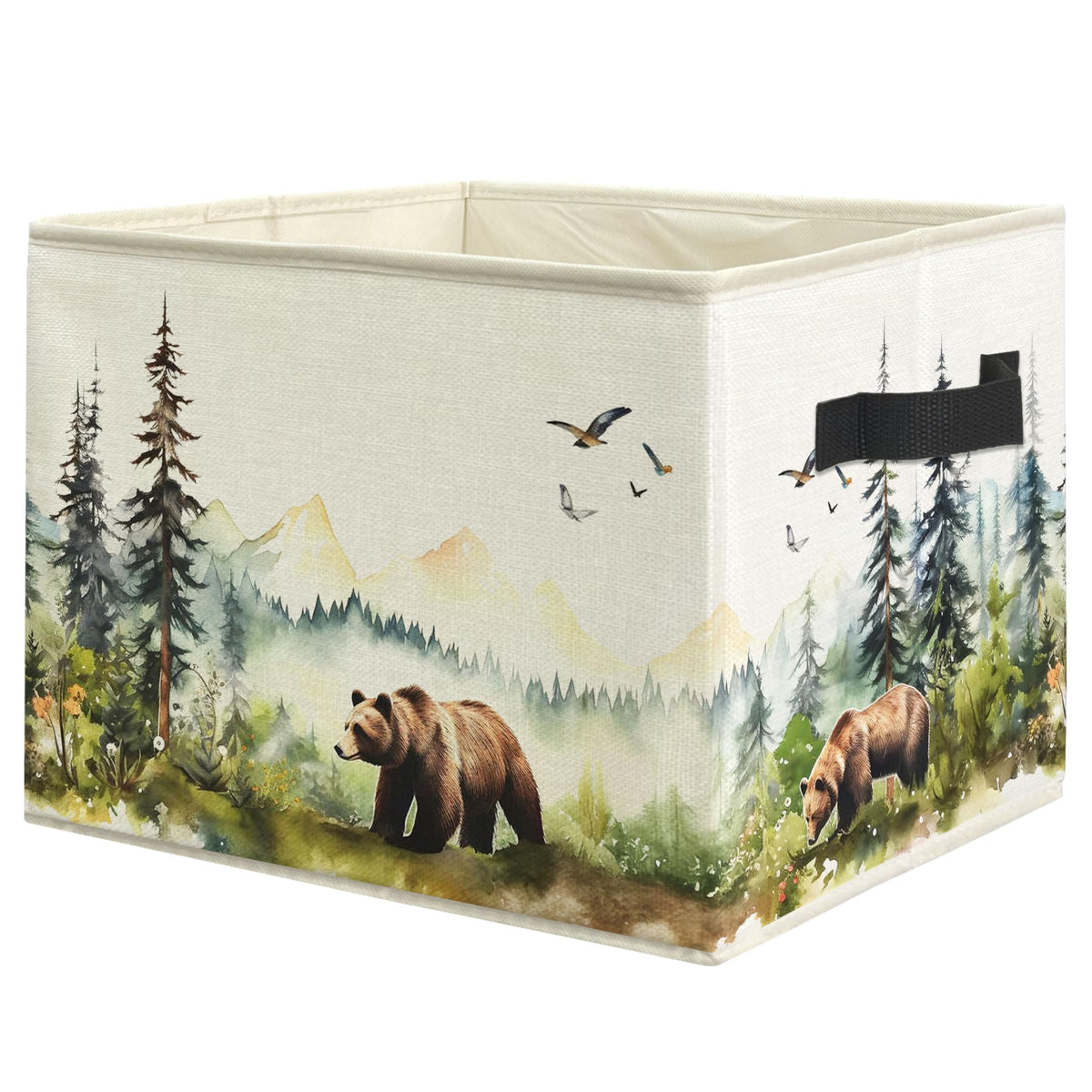 WARDOS Forest Brown Bear Nursery Storage Bin Box with Handles, Watercolor Wild Animal Bear Foldable Linen Fabric Laundry Basket 