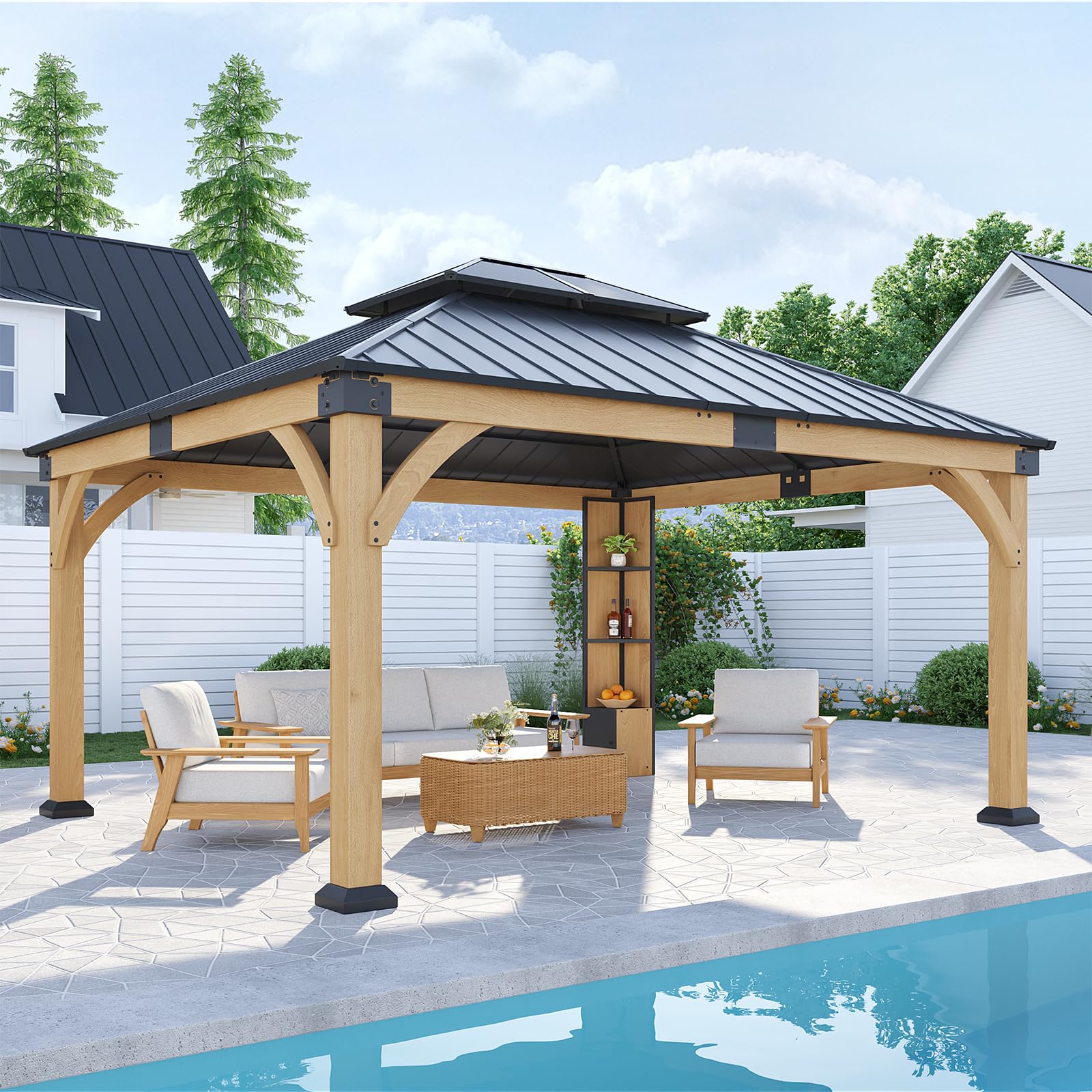 Zienlife 12X14 Ft Cedar Wood Gazebo With Sunlight Roof &Storage Cabinet, Hardtop Gazebo With Galvanized Steel Double Roof, Heavy