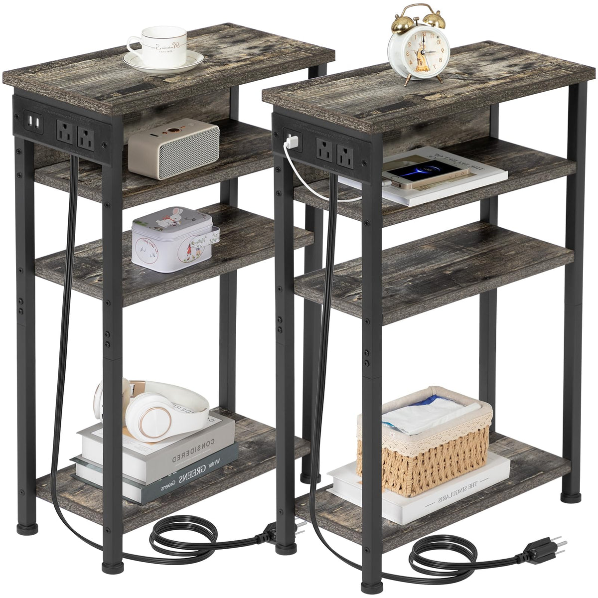 Amhancible Narrow Side Table With Charging Station, Set Of 2, End Table For Small Spaces, Skinny Side Table With Storage Shelf, Slim End Table For Living Room, Ink Grey Hetn04Kg