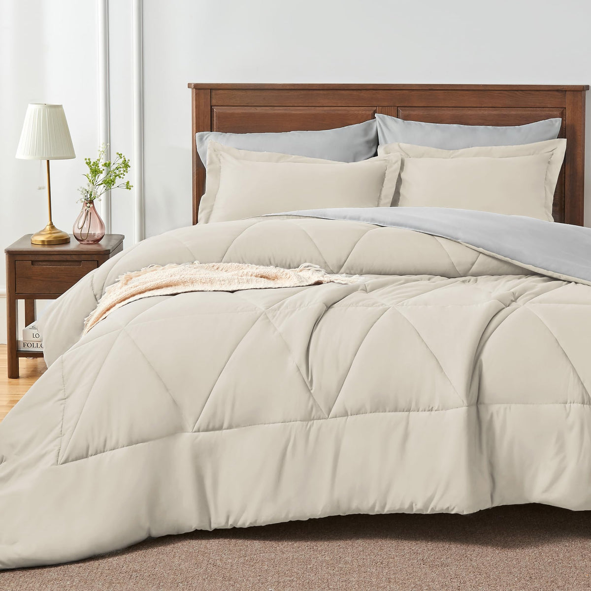 Bedelite Twin Comforter Set 5 Pieces Bed In A Bag - Soft Microfiber Reversible Beige Bed Set With Comforters, Sheets, Pillowcase