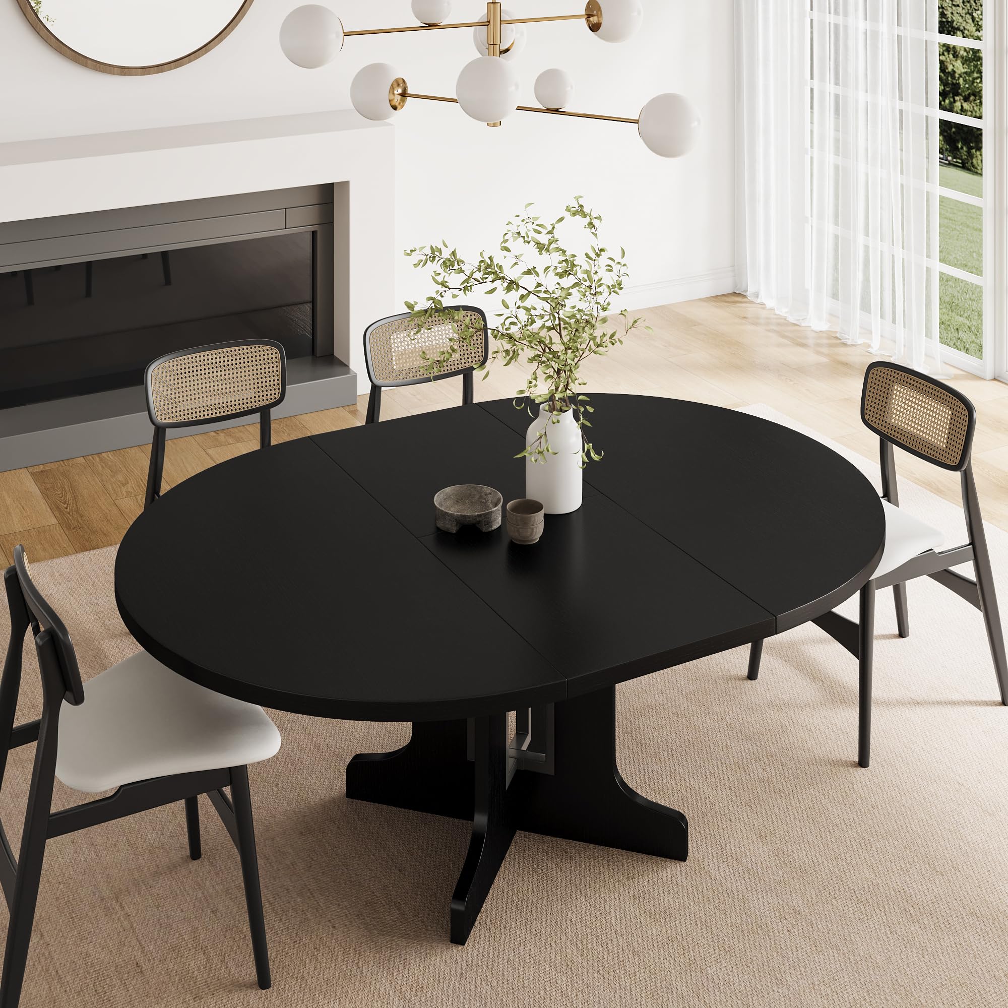 Feonase 59 Round Extendable Dining Room Table for 4-6, Modern Oval Kitchen Table with Heavy Duty Wood Base, Metal Frame Support,