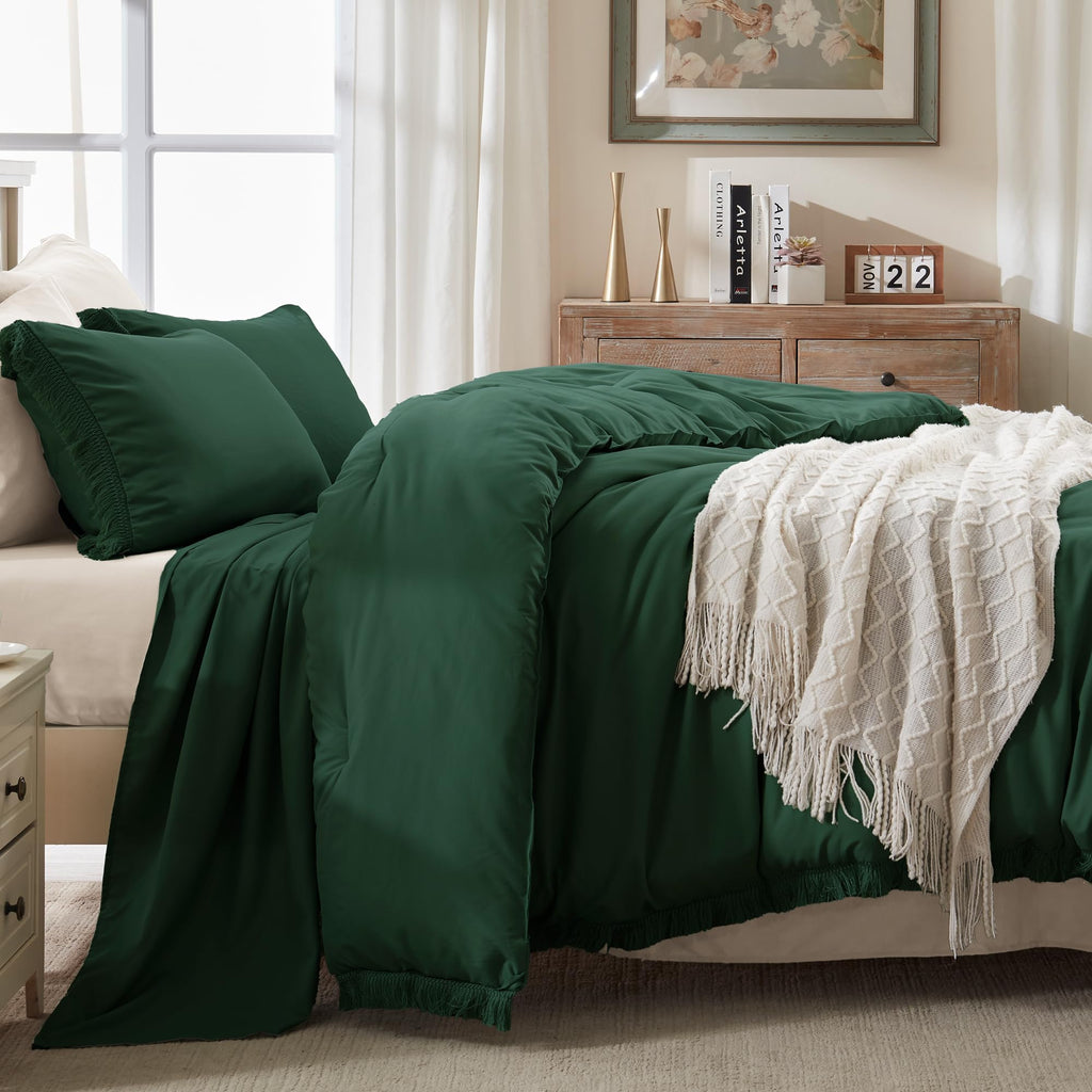 Andency Dark Emerald Green Comforter Set Full, 3 Pieces Boho Lightweight Forest Bedding Comforter Sets, All Season Fluffy Tassel Bed Set (79X90In Comforter & 2 Pillowcases)