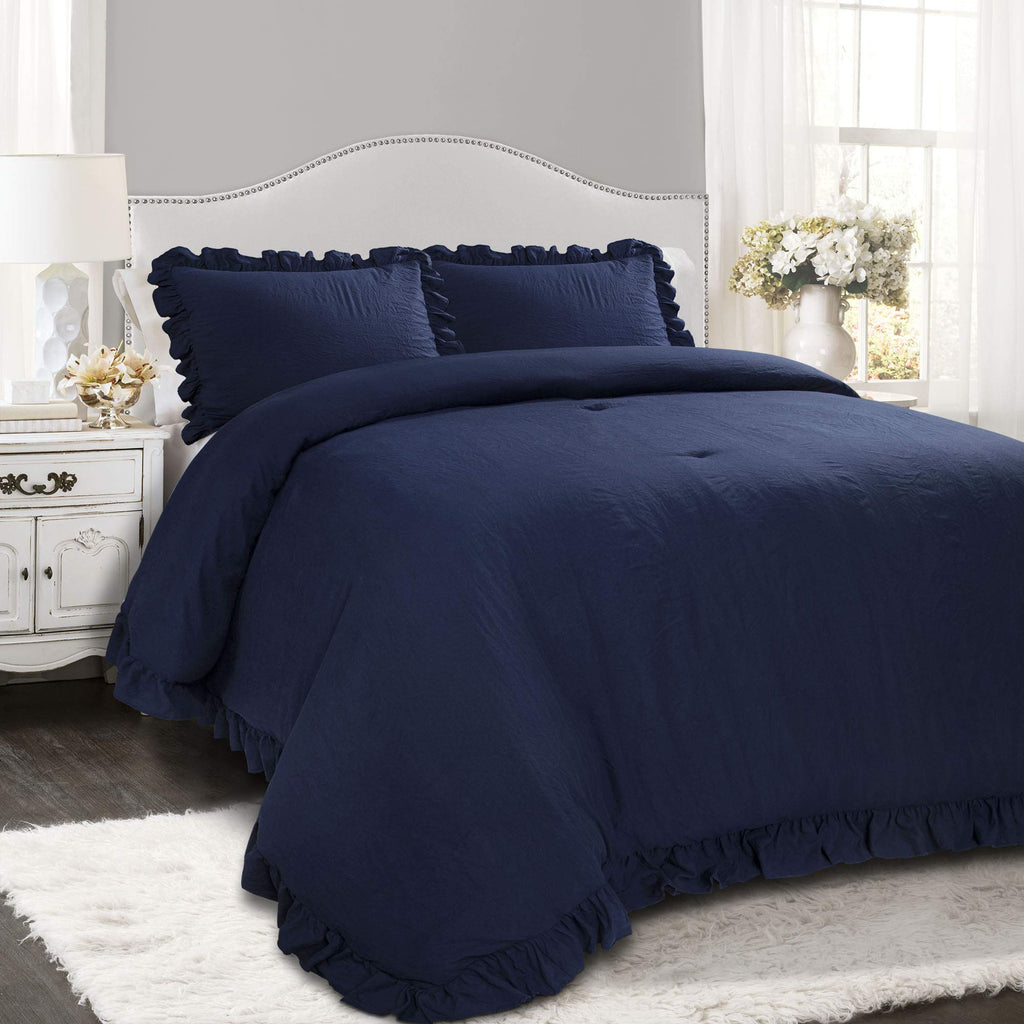 Lush Decor Reyna Ruffle Comforter Set - 3 Piece Cozy Ruffled Bedding Set - Timeless Elegance And Comfort For Bedroom - King, Nav