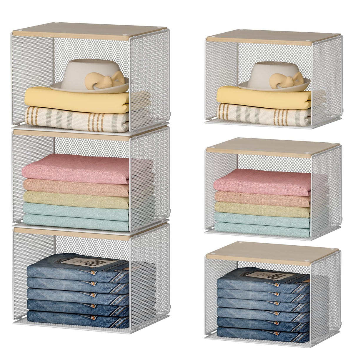 3 Pack Stackable Closet Organizers and Storage,Closet Shelves with Wood Top